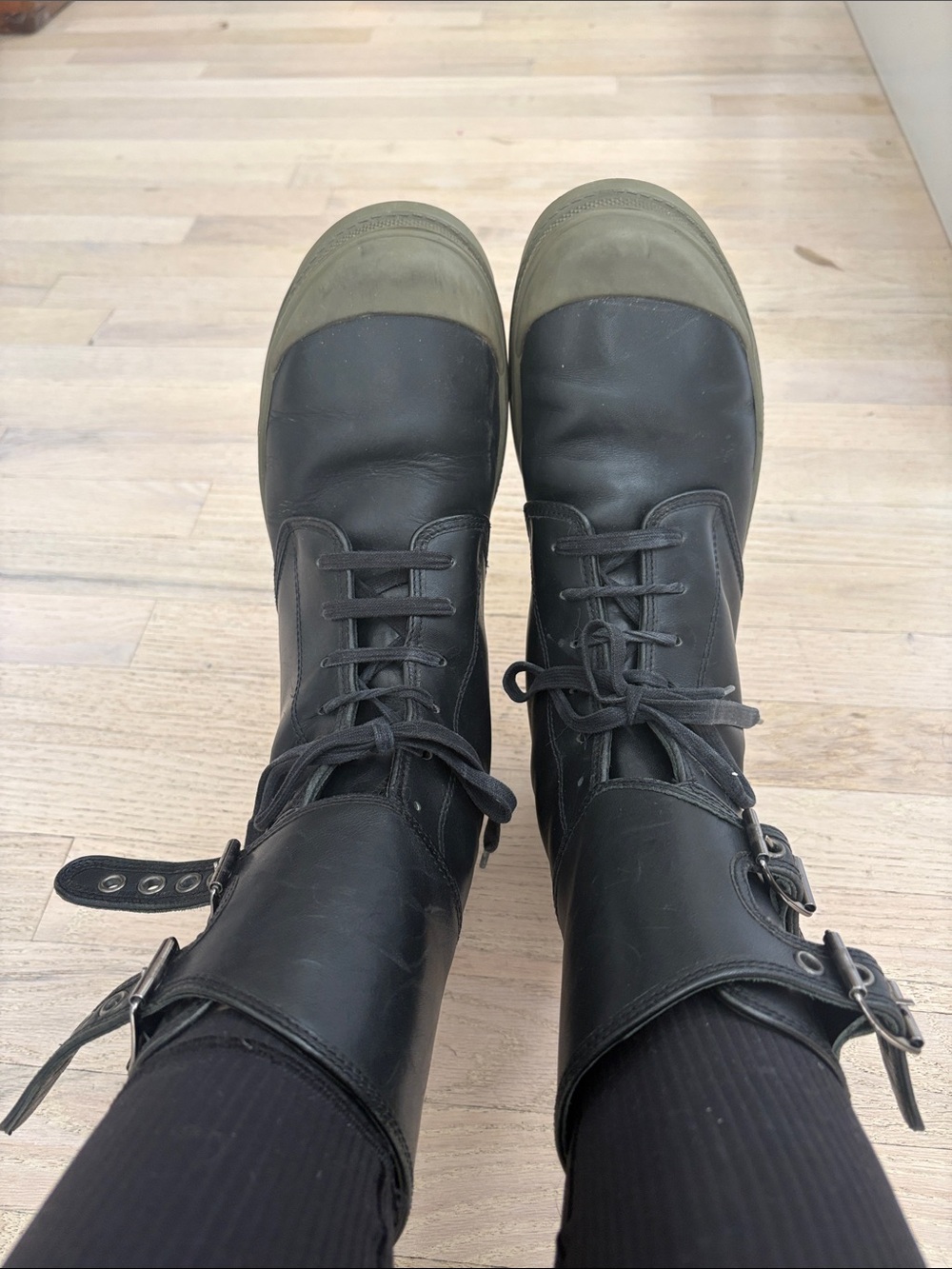 Men’s size 7.5 Helmut Lang Black and Olive Leather Lace-Up Buckle Boots